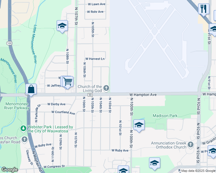 map of restaurants, bars, coffee shops, grocery stores, and more near 4835 North 103rd Street in Milwaukee