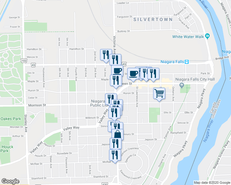 map of restaurants, bars, coffee shops, grocery stores, and more near 4737 Victoria Avenue in Niagara Falls
