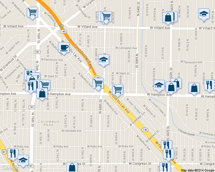 map of restaurants, bars, coffee shops, grocery stores, and more near 6700 West Fond Du Lac Avenue in Milwaukee