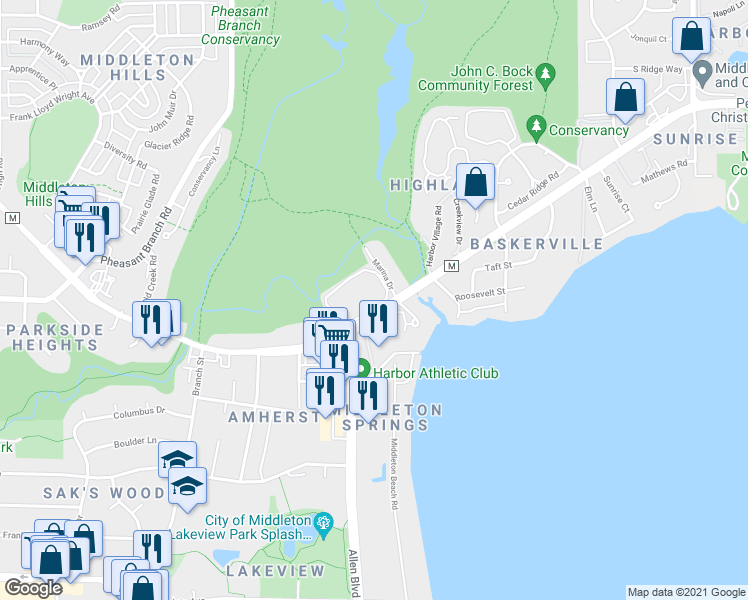 map of restaurants, bars, coffee shops, grocery stores, and more near 6120 Century Avenue in Middleton