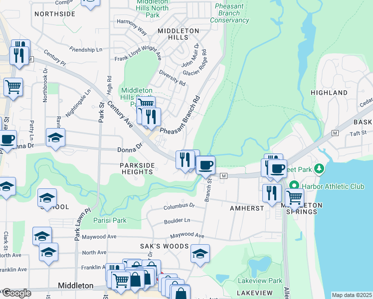 map of restaurants, bars, coffee shops, grocery stores, and more near 2901 Old Creek Road in Middleton