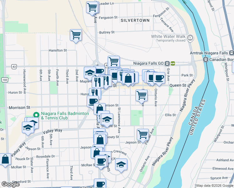 map of restaurants, bars, coffee shops, grocery stores, and more near 4663 Huron Street in Niagara Falls