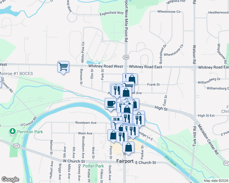 map of restaurants, bars, coffee shops, grocery stores, and more near 40 Parce Avenue in Fairport