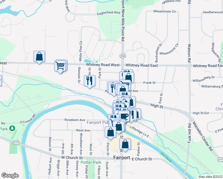 map of restaurants, bars, coffee shops, grocery stores, and more near 40 Parce Avenue in Fairport