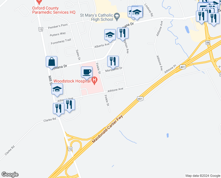 map of restaurants, bars, coffee shops, grocery stores, and more near 435 Athlone Avenue in Woodstock