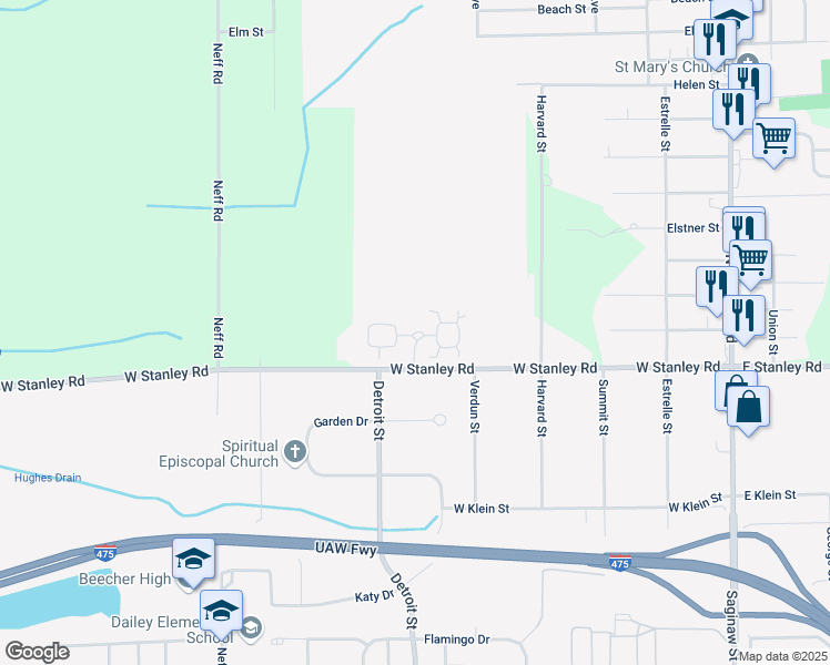 map of restaurants, bars, coffee shops, grocery stores, and more near 1255 Crimson Rose Drive in Mount Morris