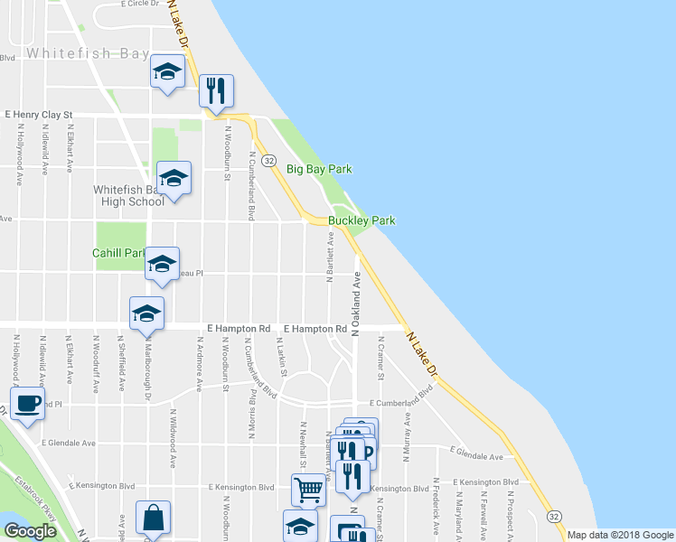 map of restaurants, bars, coffee shops, grocery stores, and more near 4870 North Bartlett Avenue in Whitefish Bay