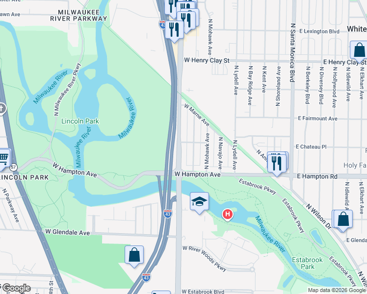map of restaurants, bars, coffee shops, grocery stores, and more near 4866 North Port Washington Road in Glendale