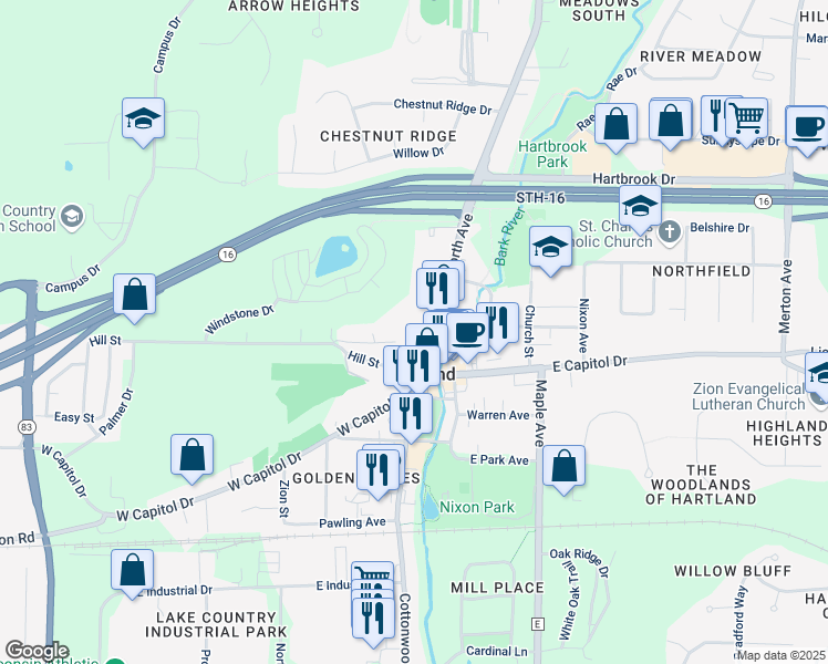 map of restaurants, bars, coffee shops, grocery stores, and more near 166 Hill Court in Hartland