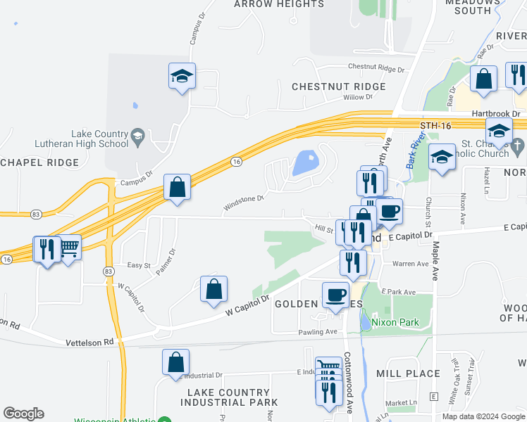map of restaurants, bars, coffee shops, grocery stores, and more near 355 Hill Street in Hartland