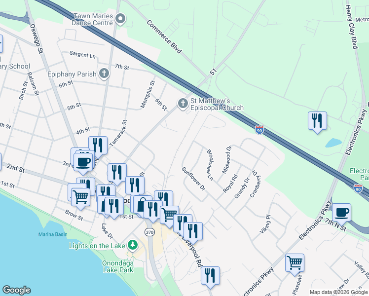 map of restaurants, bars, coffee shops, grocery stores, and more near 513 Sunflower Drive in Liverpool