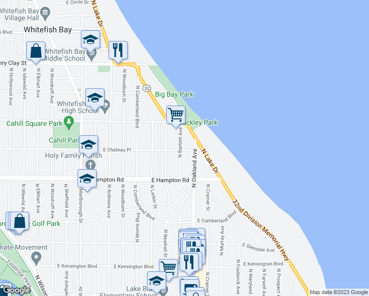 map of restaurants, bars, coffee shops, grocery stores, and more near 1700 East Chateau Place in Milwaukee