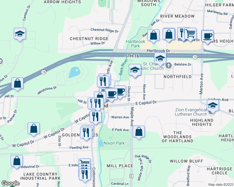 map of restaurants, bars, coffee shops, grocery stores, and more near 211 Lawn Street in Hartland