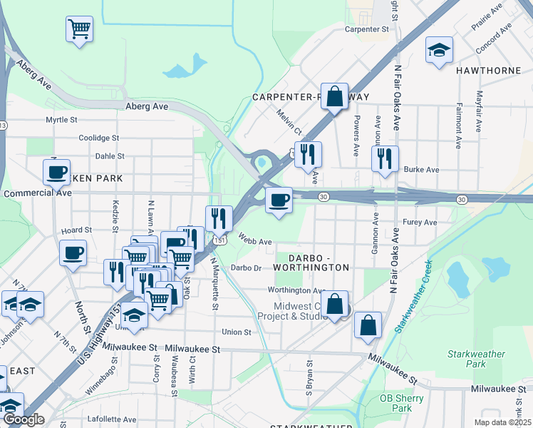 map of restaurants, bars, coffee shops, grocery stores, and more near 3099 East Washington Avenue in Madison