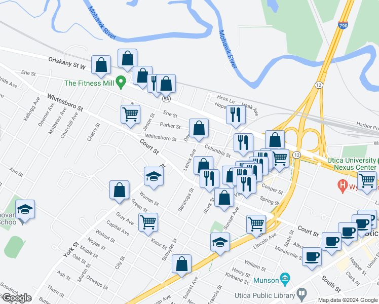 map of restaurants, bars, coffee shops, grocery stores, and more near 614 Lenox Avenue in Utica
