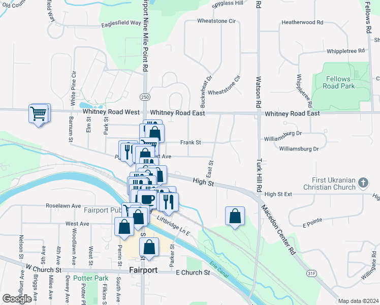 map of restaurants, bars, coffee shops, grocery stores, and more near 58 East Avenue in Fairport