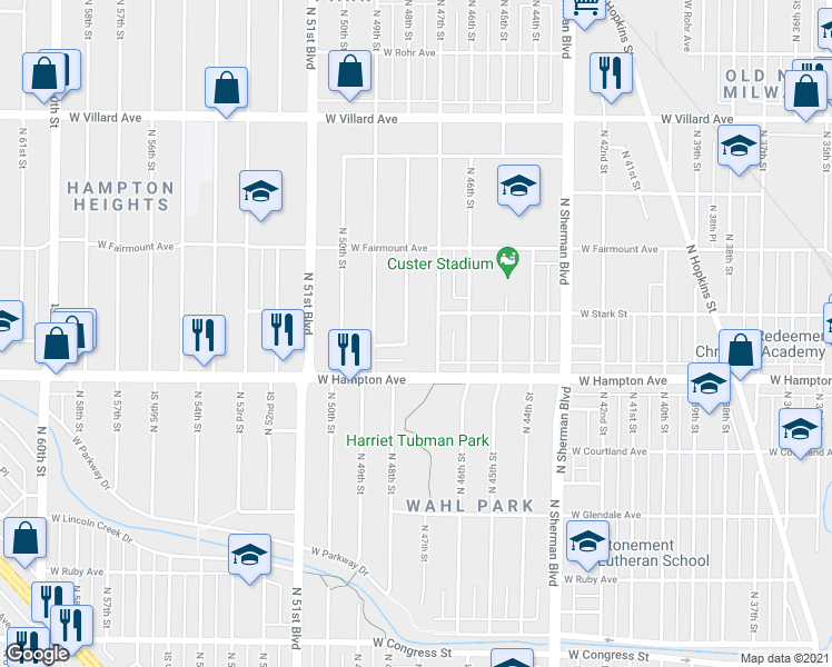 map of restaurants, bars, coffee shops, grocery stores, and more near 4833 North 47th Street in Milwaukee