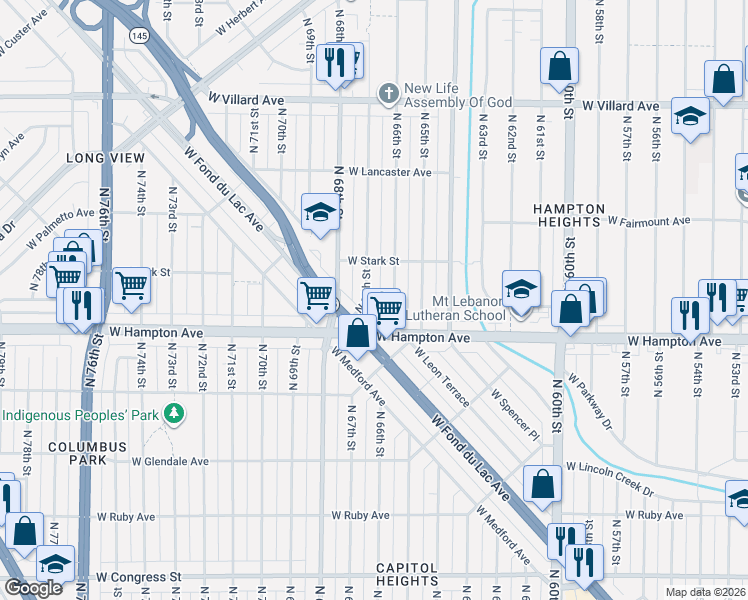 map of restaurants, bars, coffee shops, grocery stores, and more near 4826 North 67th Street in Milwaukee