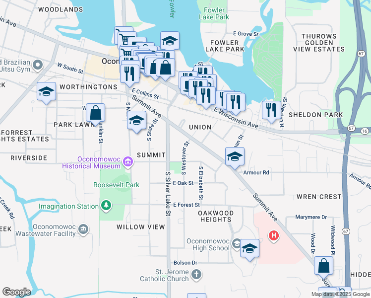 map of restaurants, bars, coffee shops, grocery stores, and more near 521 South Westover Street in Oconomowoc