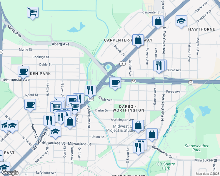 map of restaurants, bars, coffee shops, grocery stores, and more near 3101-3103 East Wash Av Frontage Road in Madison
