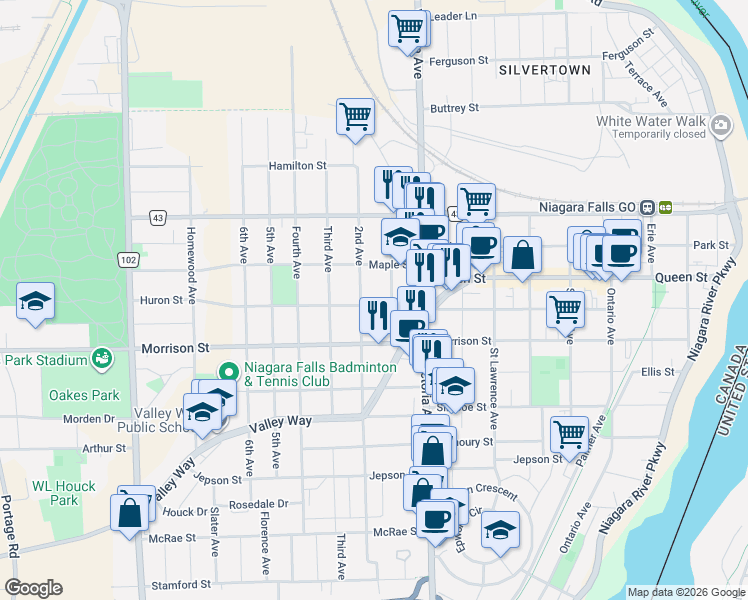 map of restaurants, bars, coffee shops, grocery stores, and more near 4919 Huron Street in Niagara Falls