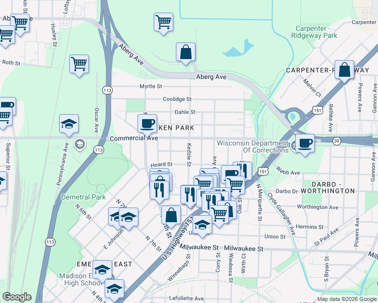 map of restaurants, bars, coffee shops, grocery stores, and more near 2699 Fairfield Place in Madison