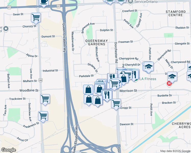 map of restaurants, bars, coffee shops, grocery stores, and more near 7090 Parkdale Street in Niagara Falls