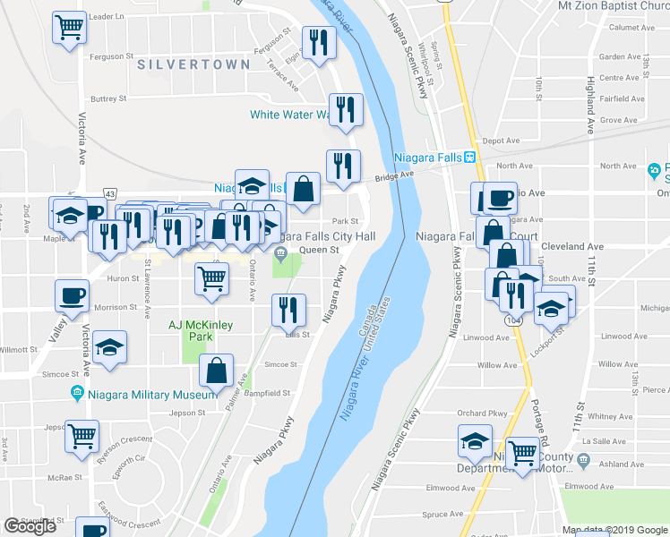 map of restaurants, bars, coffee shops, grocery stores, and more near 4701 River Road in Niagara Falls