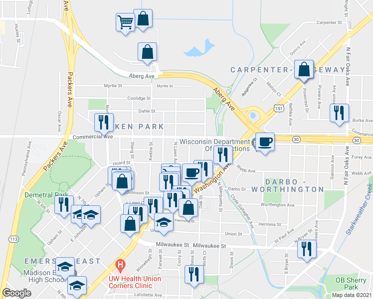 map of restaurants, bars, coffee shops, grocery stores, and more near 530 Algoma Street in Madison