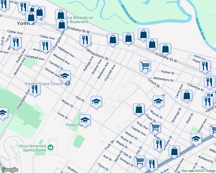 map of restaurants, bars, coffee shops, grocery stores, and more near 1029 Churchill Avenue in Utica