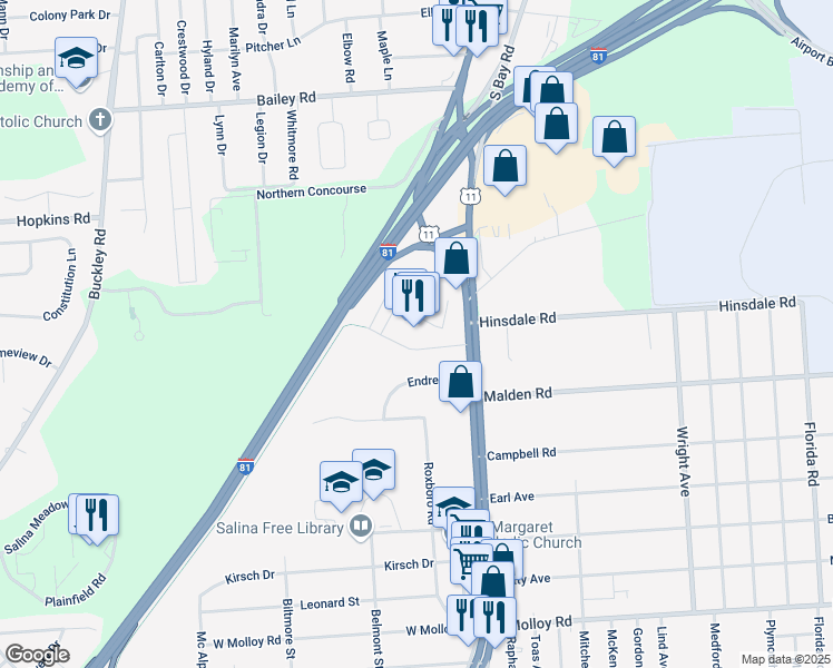 map of restaurants, bars, coffee shops, grocery stores, and more near 2723 Brewerton Road in Syracuse