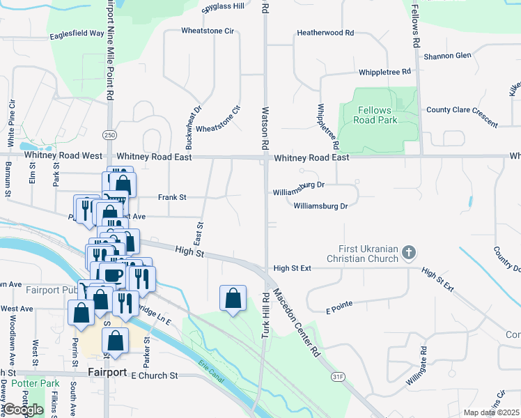 map of restaurants, bars, coffee shops, grocery stores, and more near 29 Homestead Drive in Fairport