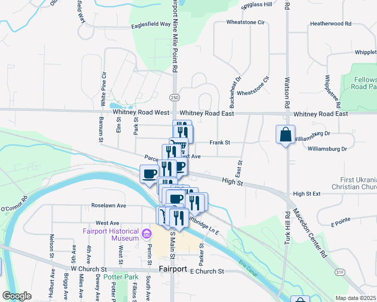 map of restaurants, bars, coffee shops, grocery stores, and more near 20 East Avenue in Fairport
