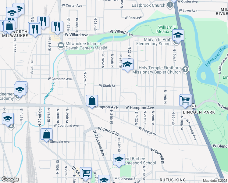 map of restaurants, bars, coffee shops, grocery stores, and more near 4843 North 24th Street in Milwaukee