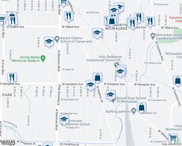 map of restaurants, bars, coffee shops, grocery stores, and more near 4840A North 39th Street in Milwaukee