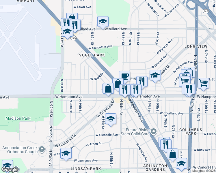 map of restaurants, bars, coffee shops, grocery stores, and more near 8482 West Hampton Avenue in Milwaukee