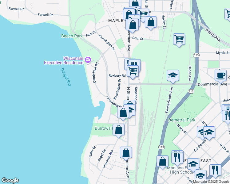 map of restaurants, bars, coffee shops, grocery stores, and more near 112 Kensington Drive in Madison