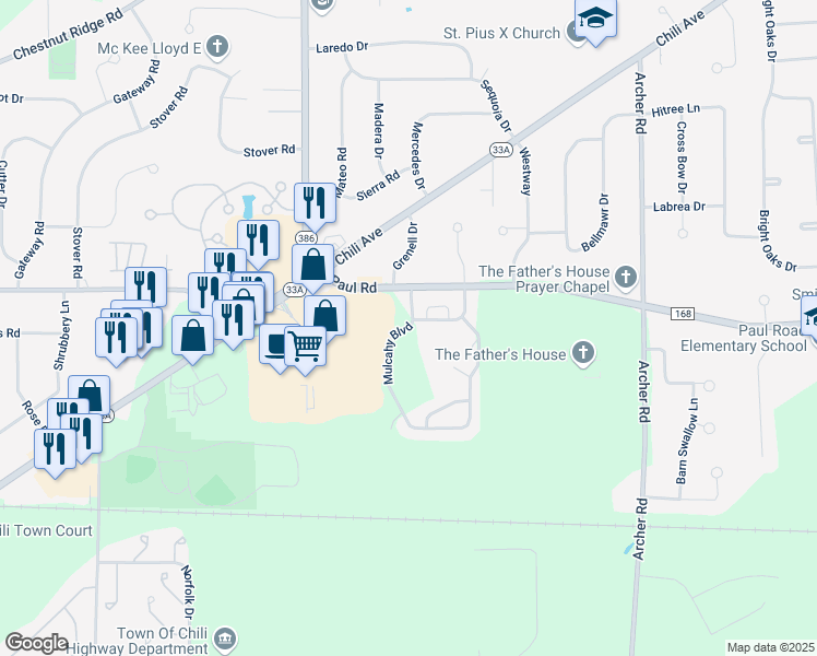 map of restaurants, bars, coffee shops, grocery stores, and more near Mulcahy Boulevard in Rochester