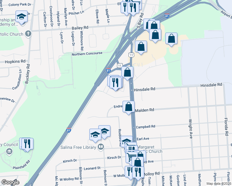map of restaurants, bars, coffee shops, grocery stores, and more near 2803 Brewerton Road in Syracuse
