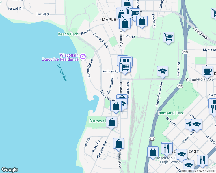 map of restaurants, bars, coffee shops, grocery stores, and more near 112 Kensington Drive in Madison