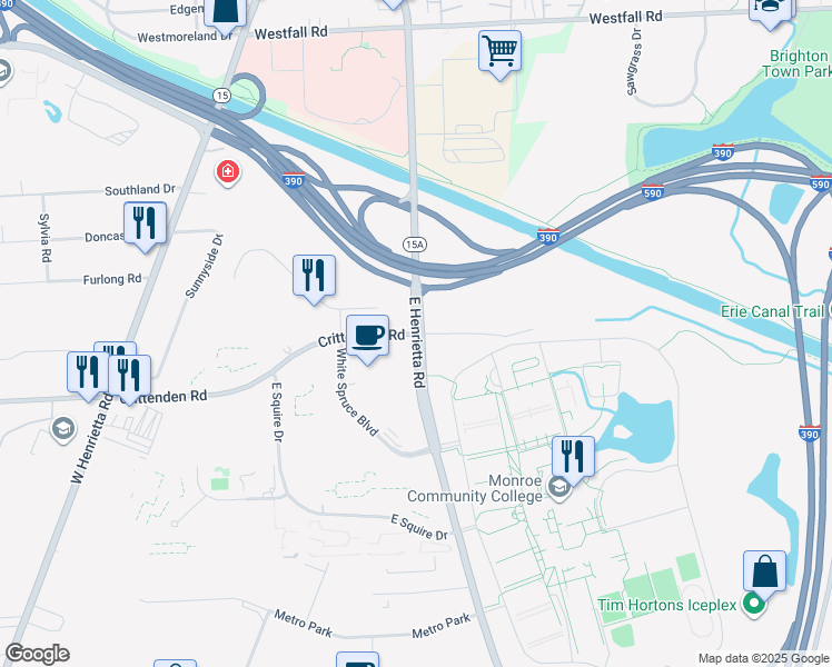 map of restaurants, bars, coffee shops, grocery stores, and more near E Henrietta Rd & Crittenden Rd in Rochester