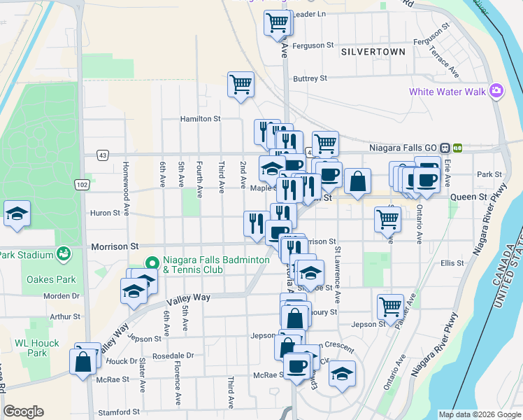 map of restaurants, bars, coffee shops, grocery stores, and more near 4687 1st Avenue in Niagara Falls