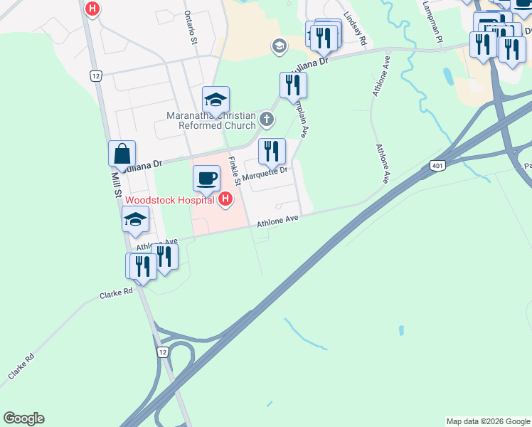 map of restaurants, bars, coffee shops, grocery stores, and more near 439 Athlone Avenue in Woodstock