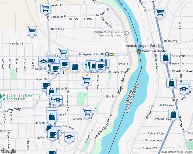 map of restaurants, bars, coffee shops, grocery stores, and more near in Niagara Falls