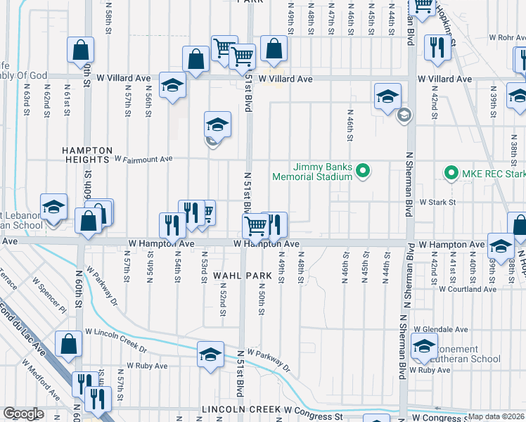 map of restaurants, bars, coffee shops, grocery stores, and more near 4927 West Luscher Avenue in Milwaukee
