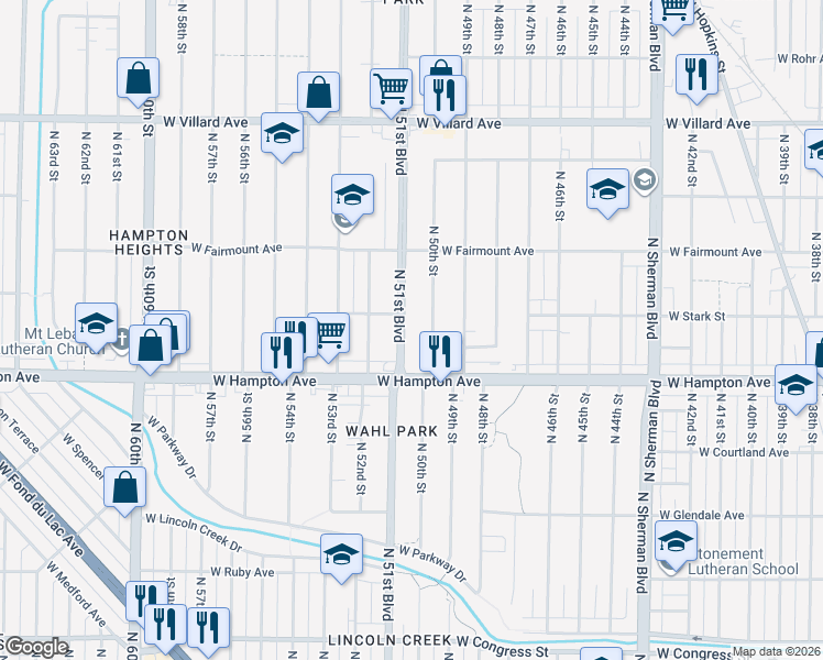 map of restaurants, bars, coffee shops, grocery stores, and more near 4843 North 51st Boulevard in Milwaukee
