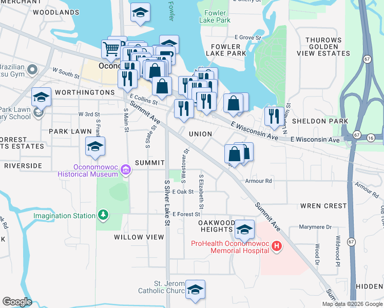map of restaurants, bars, coffee shops, grocery stores, and more near 521 South Westover Street in Oconomowoc