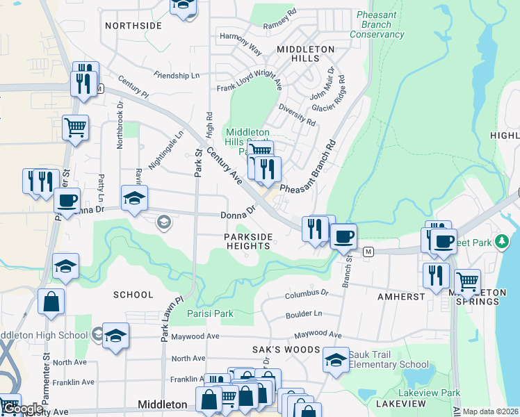 map of restaurants, bars, coffee shops, grocery stores, and more near 6727 Spring Grove Court in Middleton