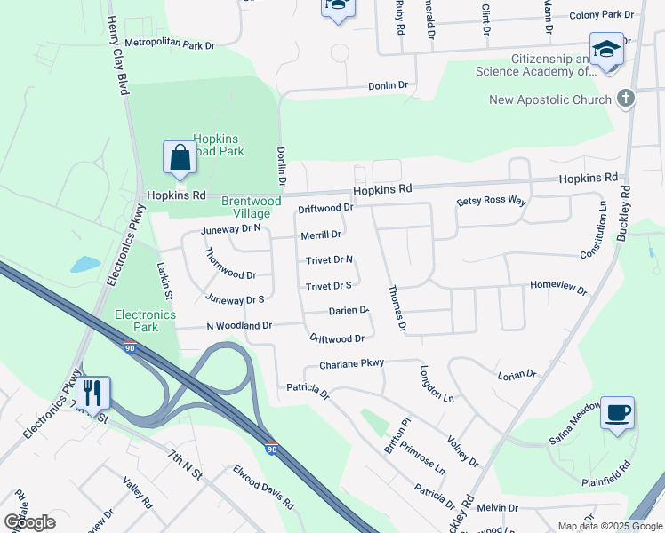 map of restaurants, bars, coffee shops, grocery stores, and more near 4934 Trivet Drive South in Liverpool