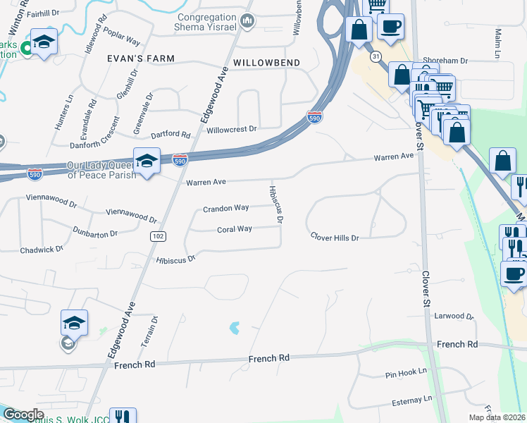 map of restaurants, bars, coffee shops, grocery stores, and more near 30 Coral Way in Rochester